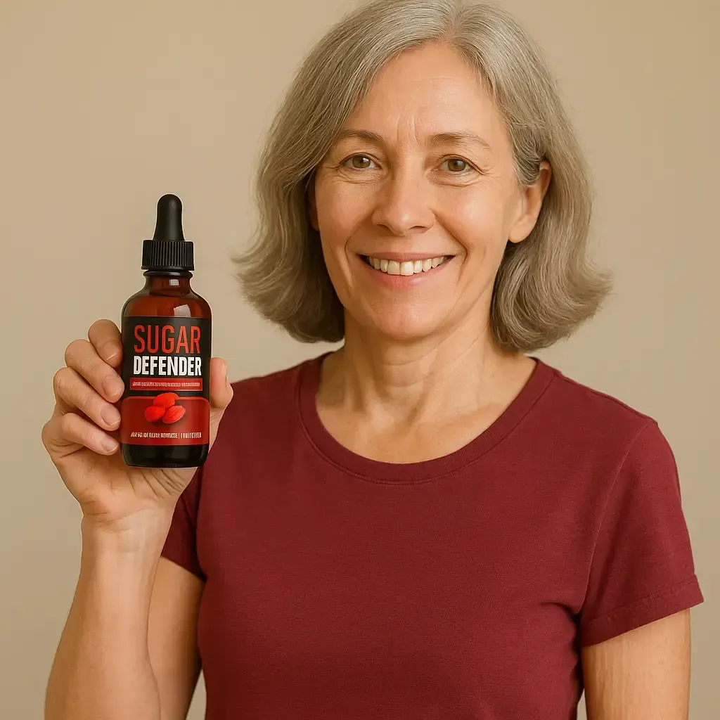Smiling woman holding Sugar Defender drops bottle for daily blood sugar support and wellness routine