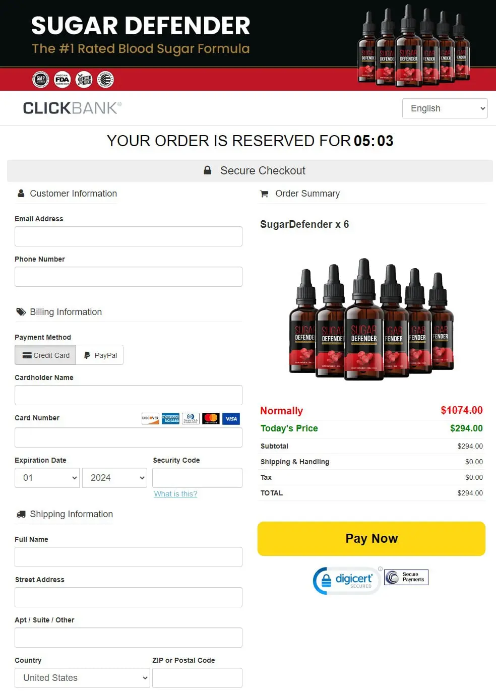 Sugar Defender secure checkout page on ClickBank showing order form, pricing details, and payment options