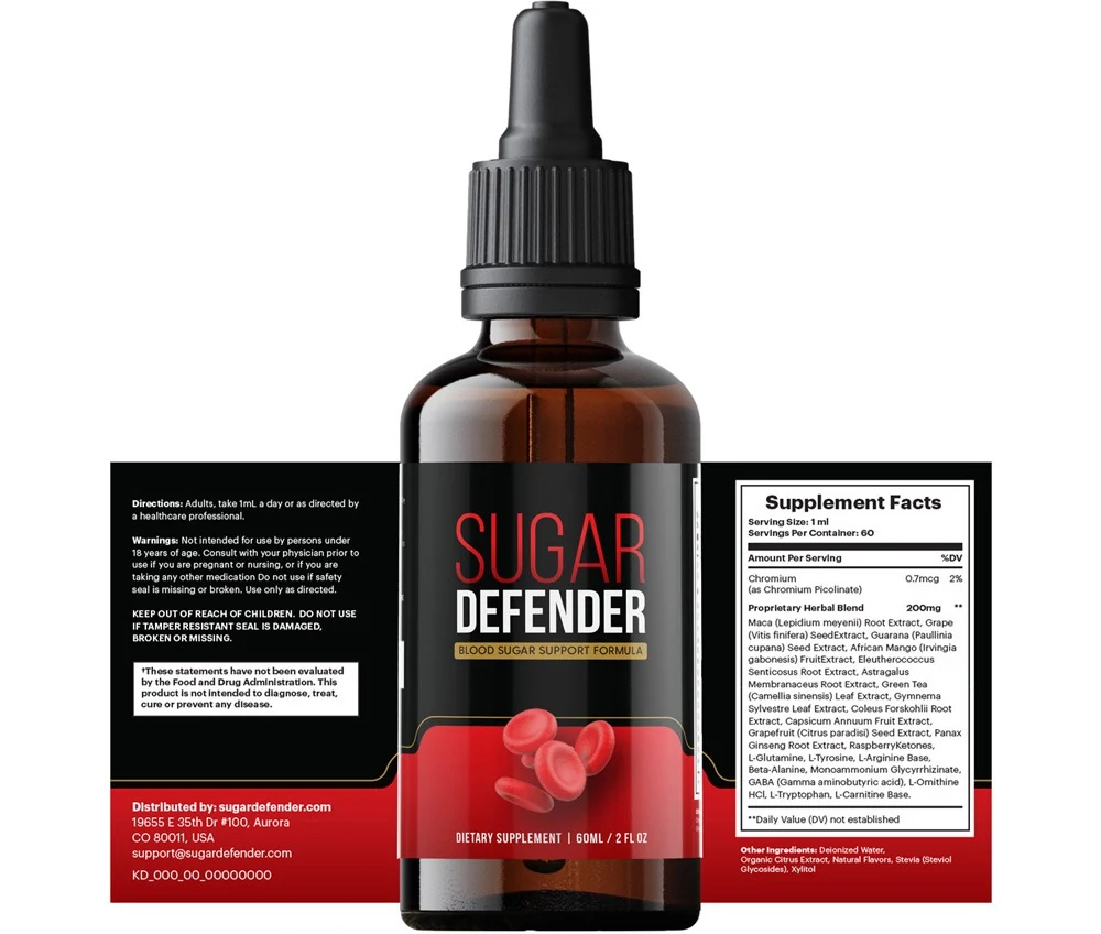 Sugar Defender bottle displayed with the full product label