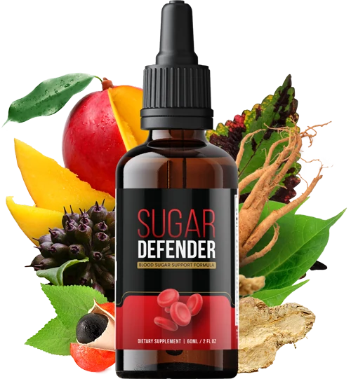 Sugar Defender liquid dietary supplement bottle with ingredient imagery