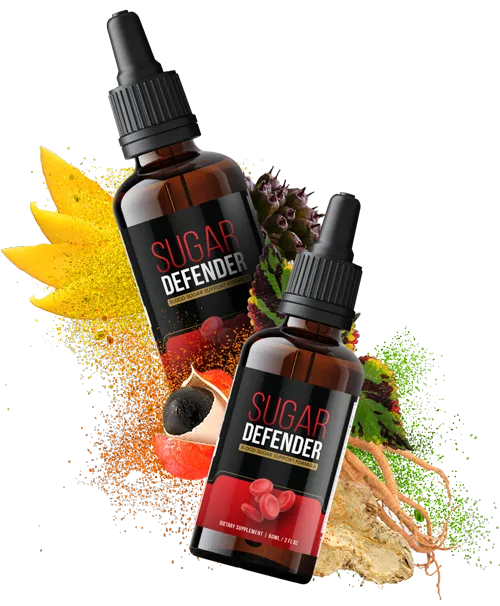 Two Sugar Defender drops bottles with natural ingredients for blood sugar support and metabolic wellness