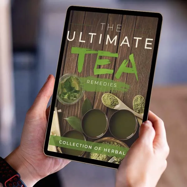 Tablet displaying Ultimate Tea Remedies ebook with herbal tea ingredients and natural wellness theme